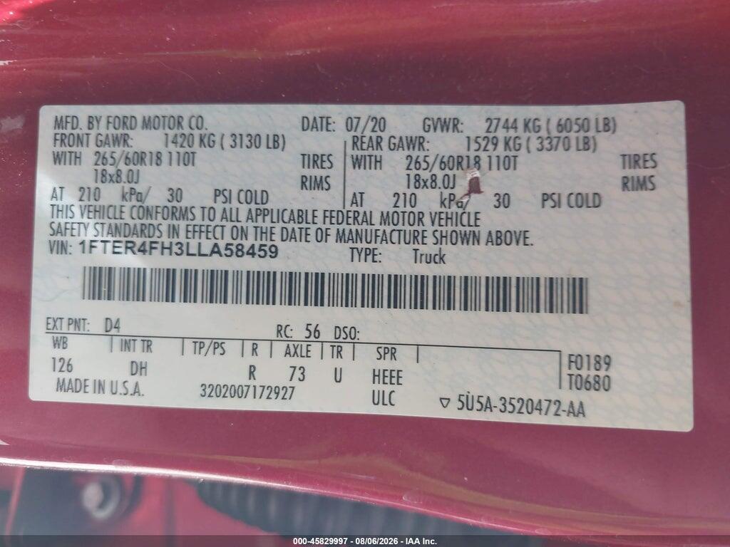 1FTER4FH3LLA58459 2020 FORD RANGER photo no. 9