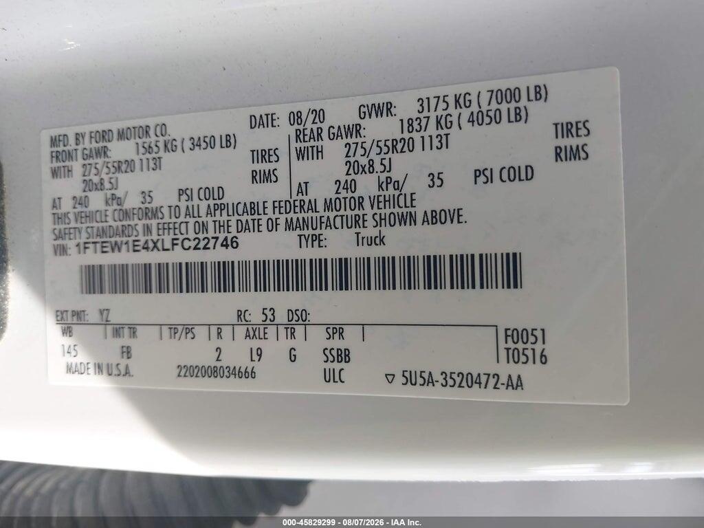 1FTEW1E4XLFC22746 2020 FORD F-150 photo no. 9