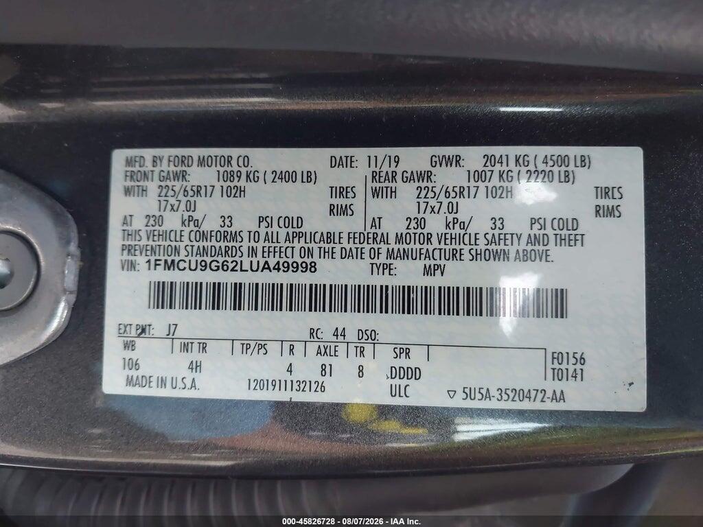 1FMCU9G62LUA49998 2020 FORD ESCAPE photo no. 9
