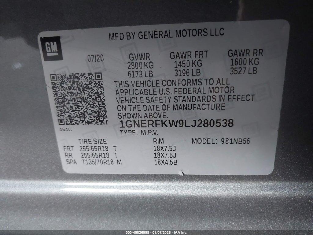 1GNERFKW9LJ280538 2020 CHEVROLET TRAVERSE photo no. 9
