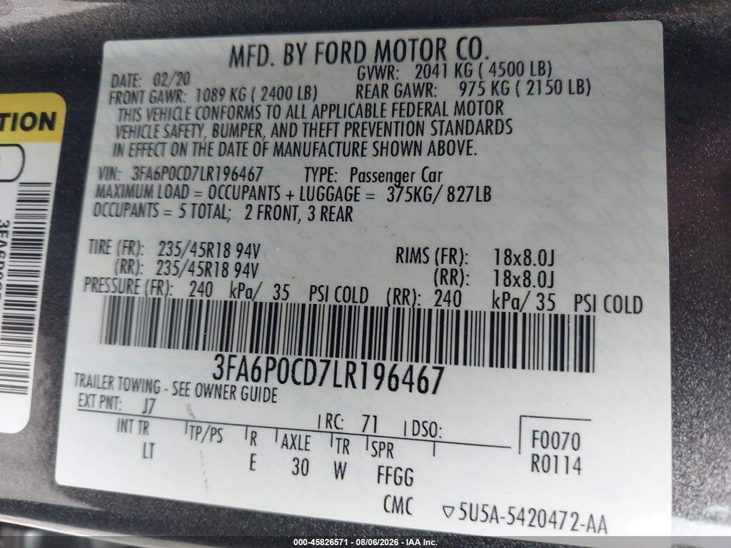 3FA6P0CD7LR196467 2020 FORD FUSION photo no. 9