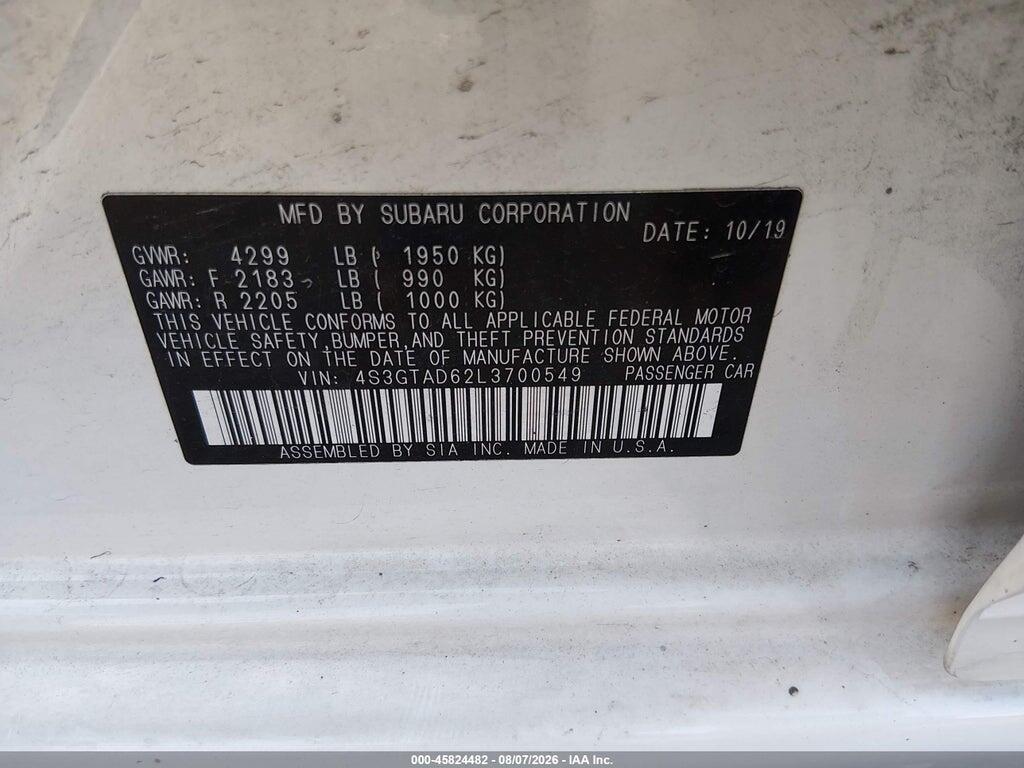 4S3GTAD62L3700549 2020 SUBARU IMPREZA photo no. 9