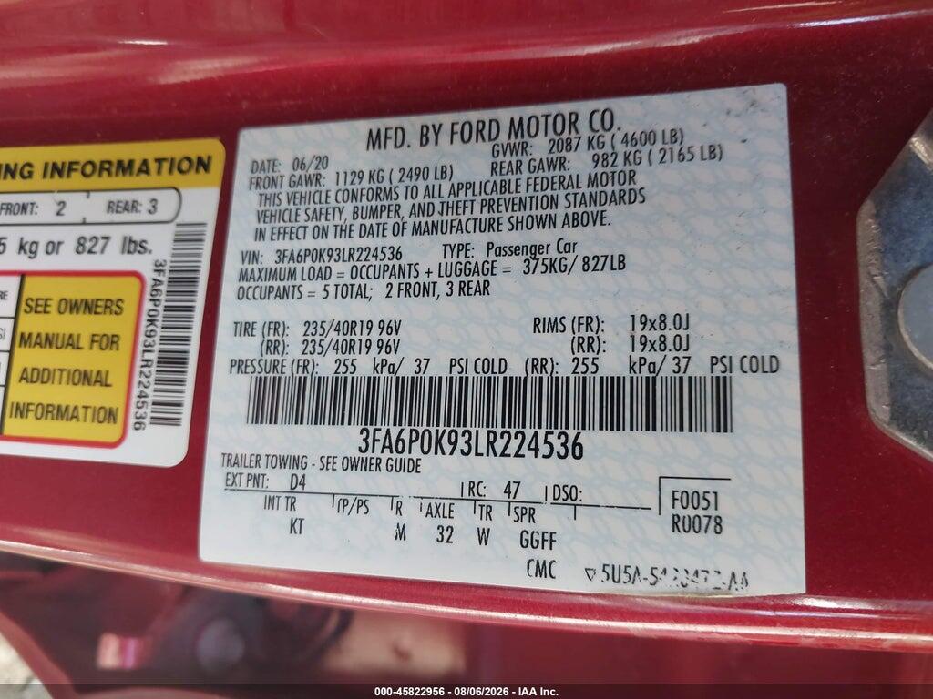 3FA6P0K93LR224536 2020 FORD FUSION photo no. 9