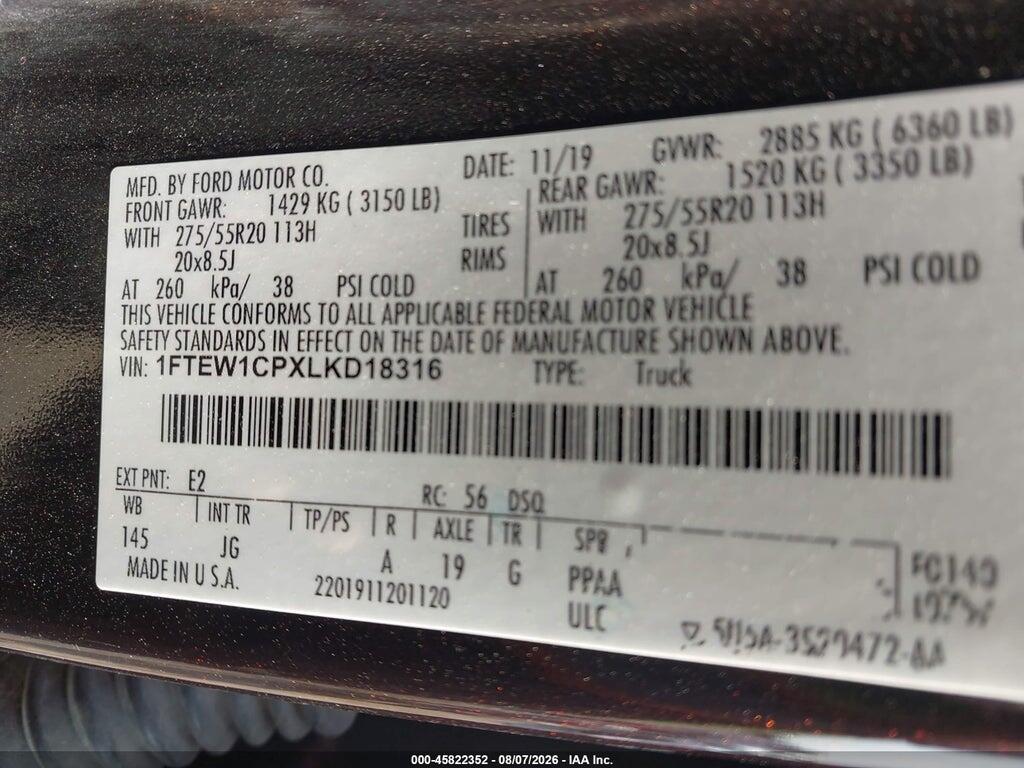 1FTEW1CPXLKD18316 2020 FORD F-150 photo no. 9