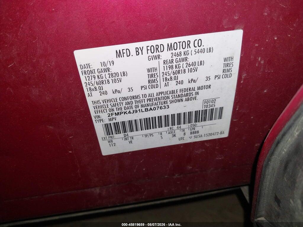 2FMPK4J91LBA07633 2020 FORD EDGE photo no. 9