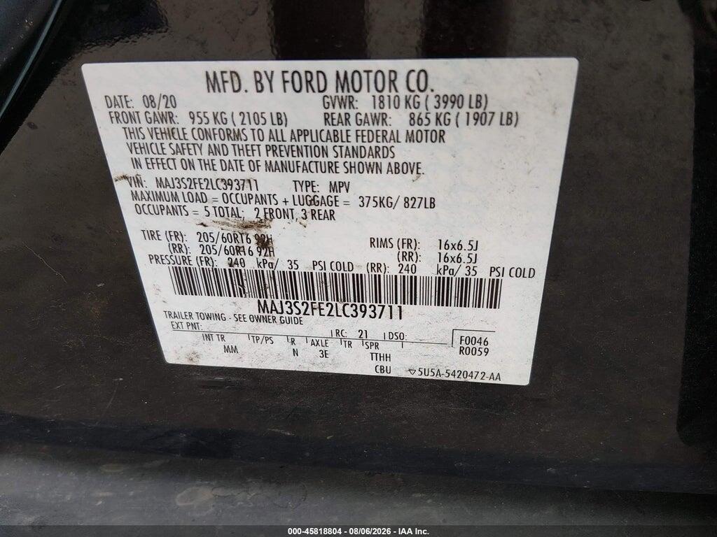 MAJ3S2FE2LC393711 2020 FORD ECOSPORT photo no. 9