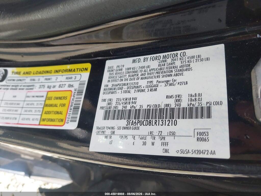 3FA6P0CD8LR131210 2020 FORD FUSION photo no. 9