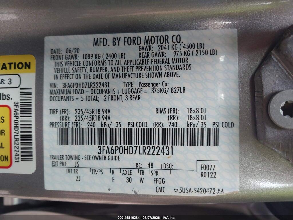 3FA6P0HD7LR222431 2020 FORD FUSION photo no. 9