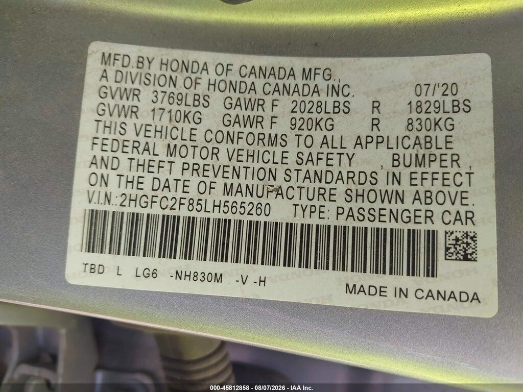 2HGFC2F85LH565260 2020 HONDA CIVIC photo no. 9