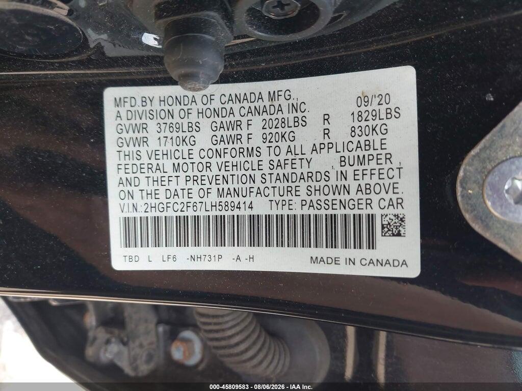 2HGFC2F67LH589414 2020 HONDA CIVIC photo no. 9