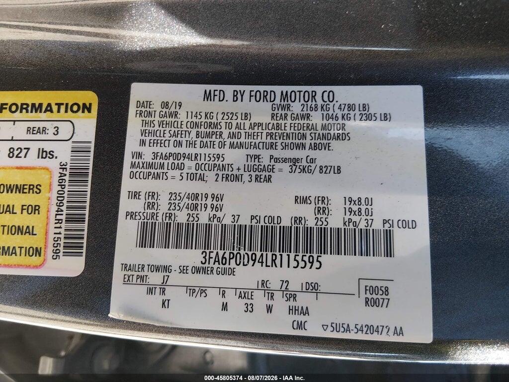 3FA6P0D94LR115595 2020 FORD FUSION photo no. 9