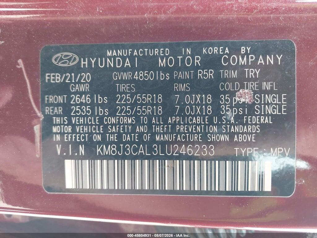 KM8J3CAL3LU246233 2020 HYUNDAI TUCSON photo no. 9