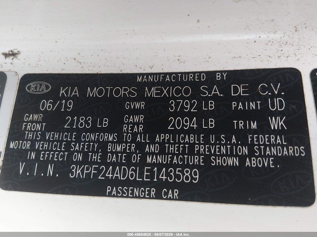 3KPF24AD6LE143589 2020 KIA FORTE photo no. 9