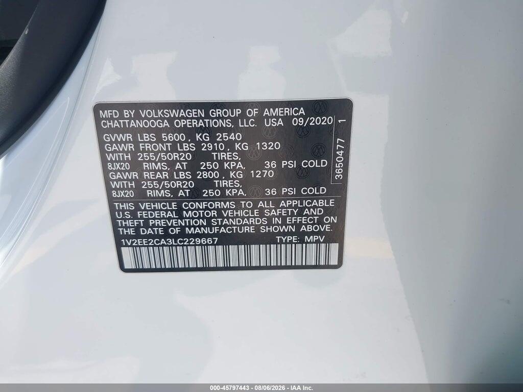 1V2EE2CA3LC229667 2020 VOLKSWAGEN ATLAS CROSS SPORT photo no. 9