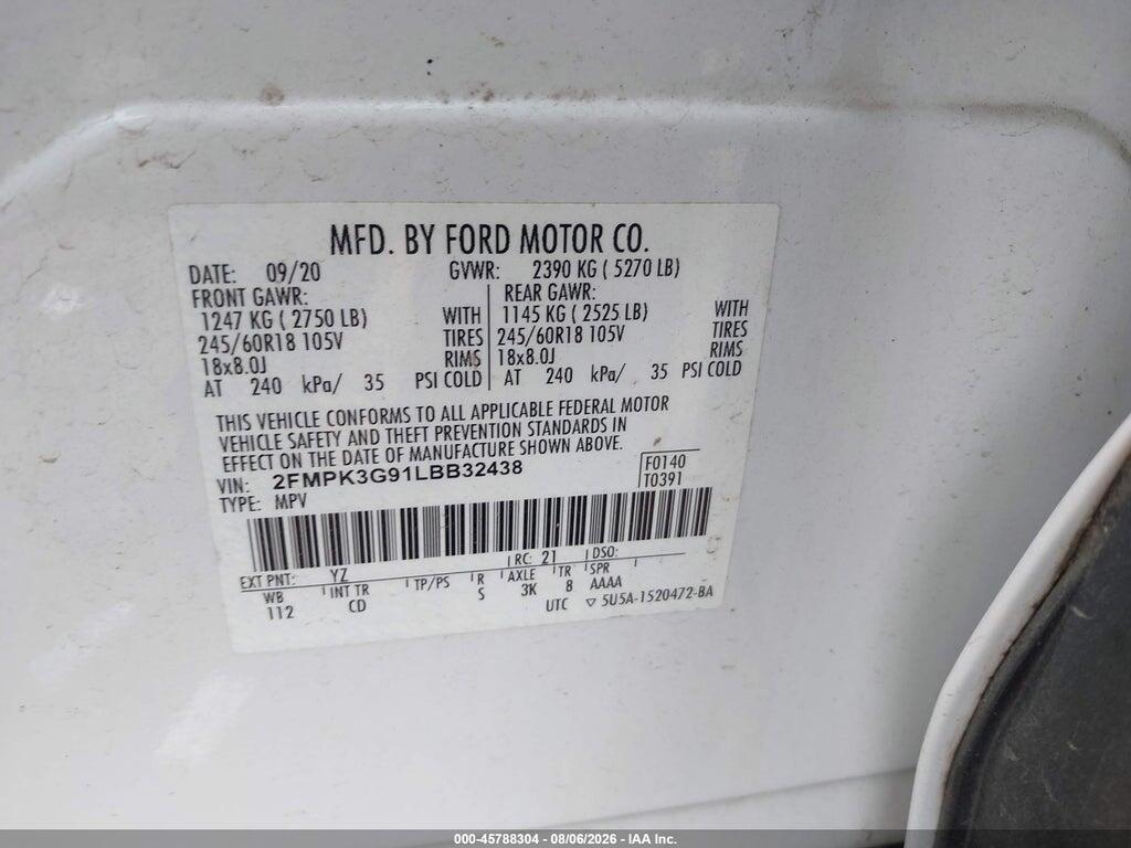 2FMPK3G91LBB32438 2020 FORD EDGE photo no. 9