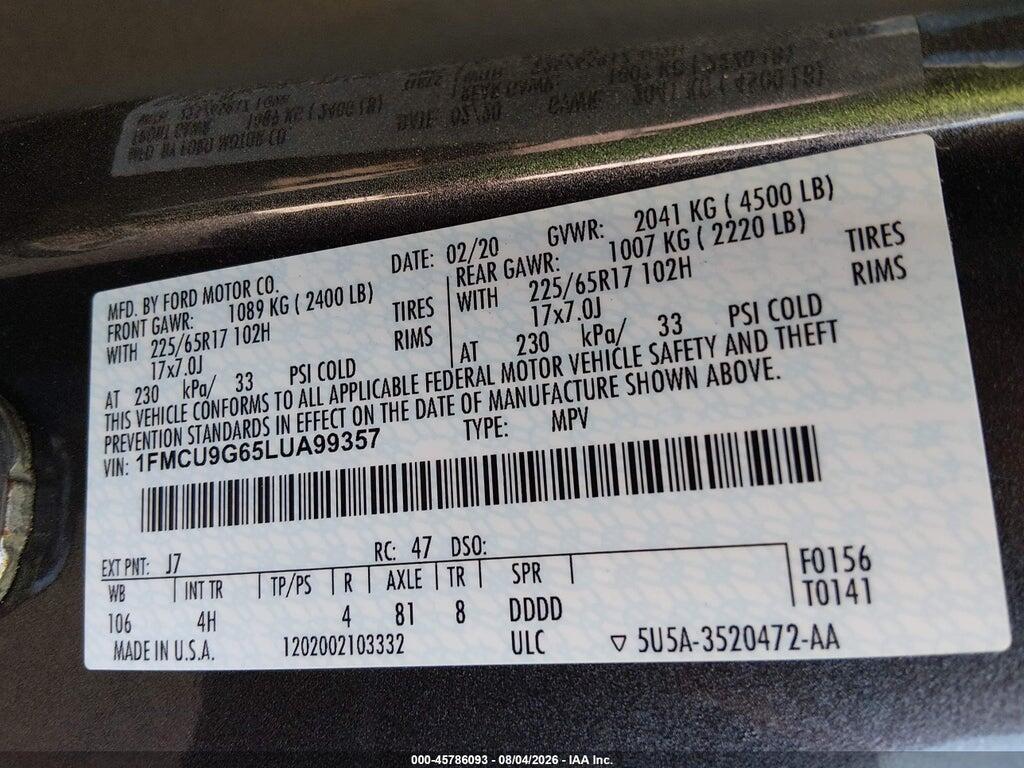 1FMCU9G65LUA99357 2020 FORD ESCAPE photo no. 9