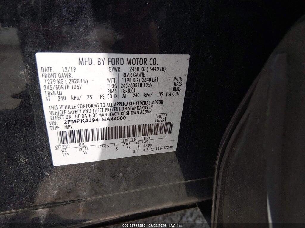 2FMPK4J94LBA44580 2020 FORD EDGE photo no. 9