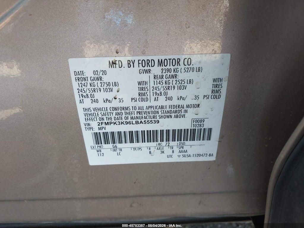 2FMPK3K96LBA55539 2020 FORD EDGE photo no. 9