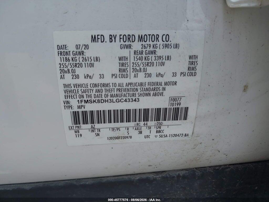 1FMSK8DH3LGC43343 2020 FORD EXPLORER photo no. 9