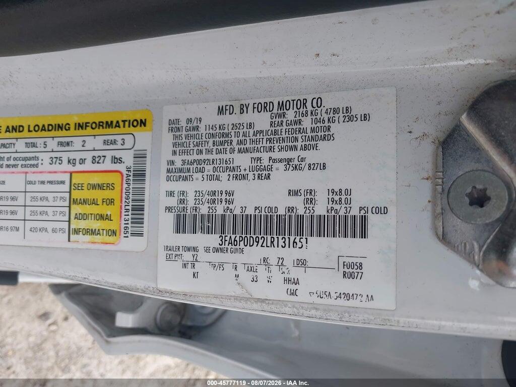 3FA6P0D92LR131651 2020 FORD FUSION photo no. 9