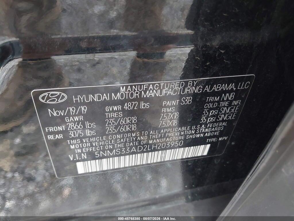 5NMS33AD2LH203950 2020 HYUNDAI SANTA FE photo no. 9