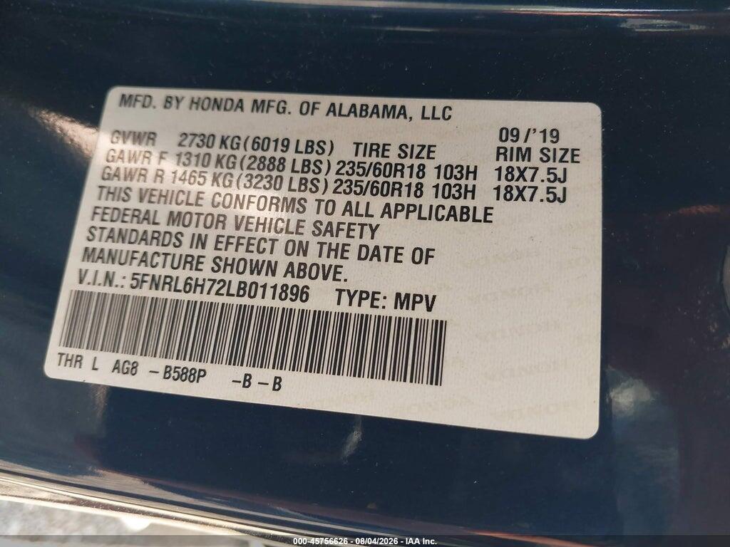 5FNRL6H72LB011896 2020 HONDA ODYSSEY photo no. 9