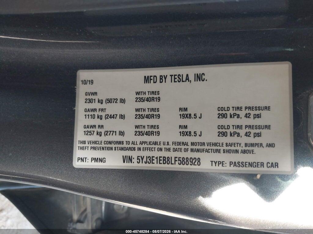 5YJ3E1EB8LF588928 2020 TESLA MODEL 3 photo no. 9