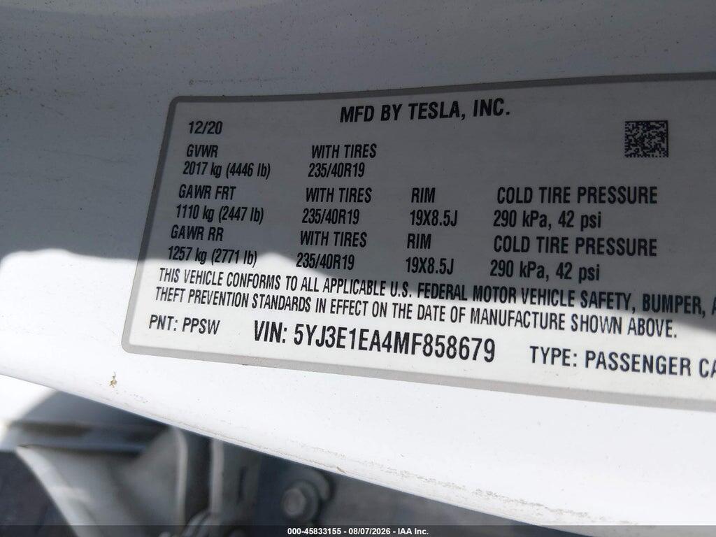 5YJ3E1EA4MF858679 2021 TESLA MODEL 3 photo no. 9