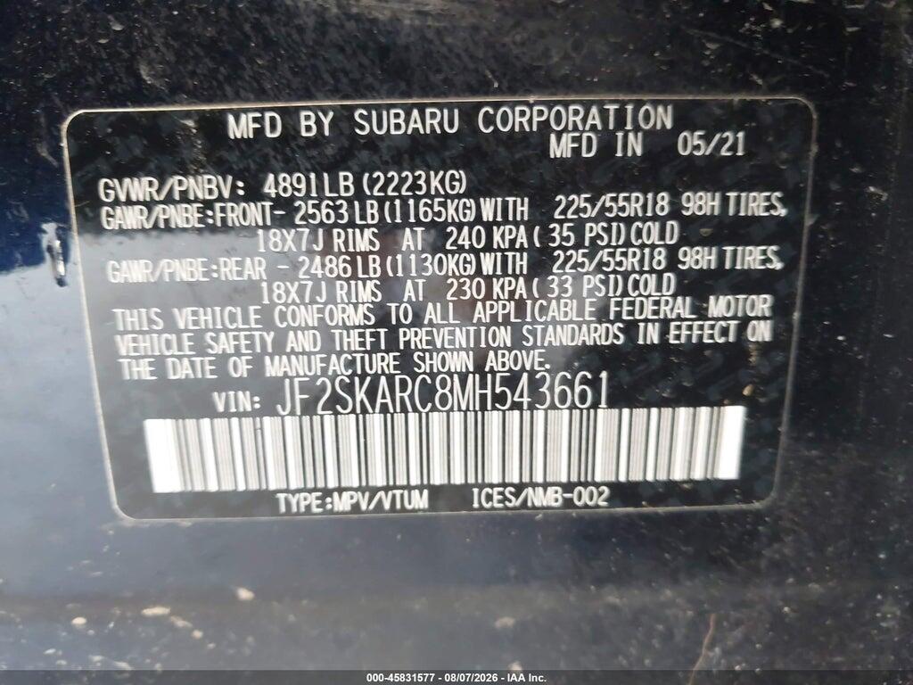JF2SKARC8MH543661 2021 SUBARU FORESTER photo no. 9