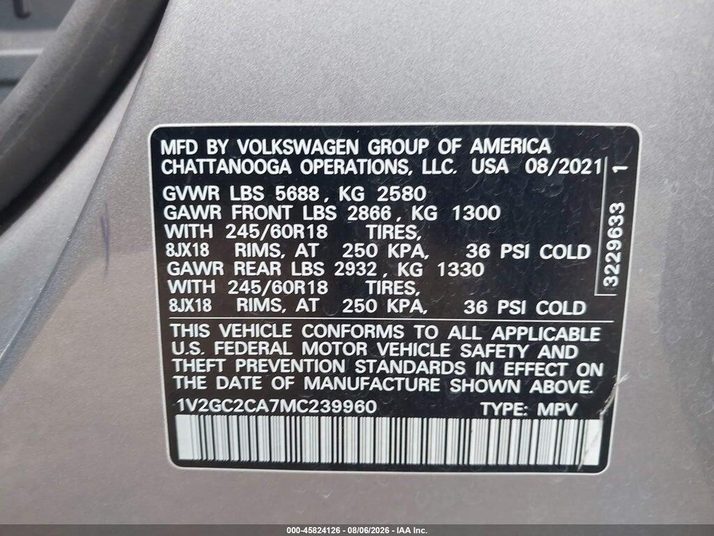1V2GC2CA7MC239960 2021 VOLKSWAGEN ATLAS CROSS SPORT photo no. 9