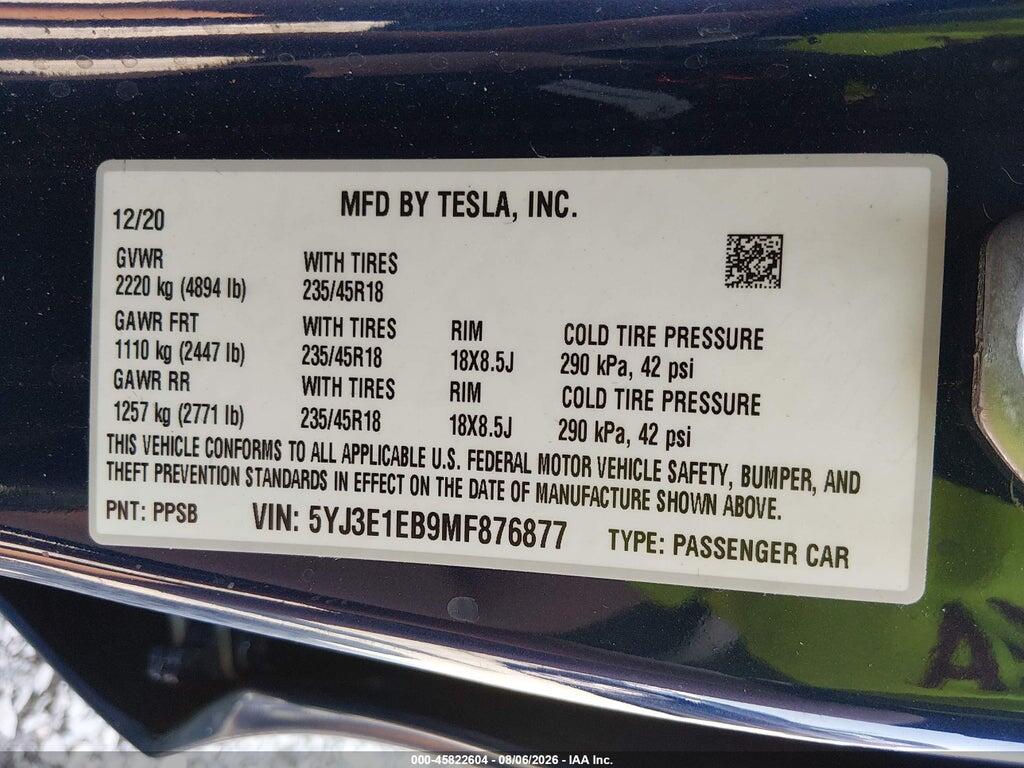 5YJ3E1EB9MF876877 2021 TESLA MODEL 3 photo no. 9