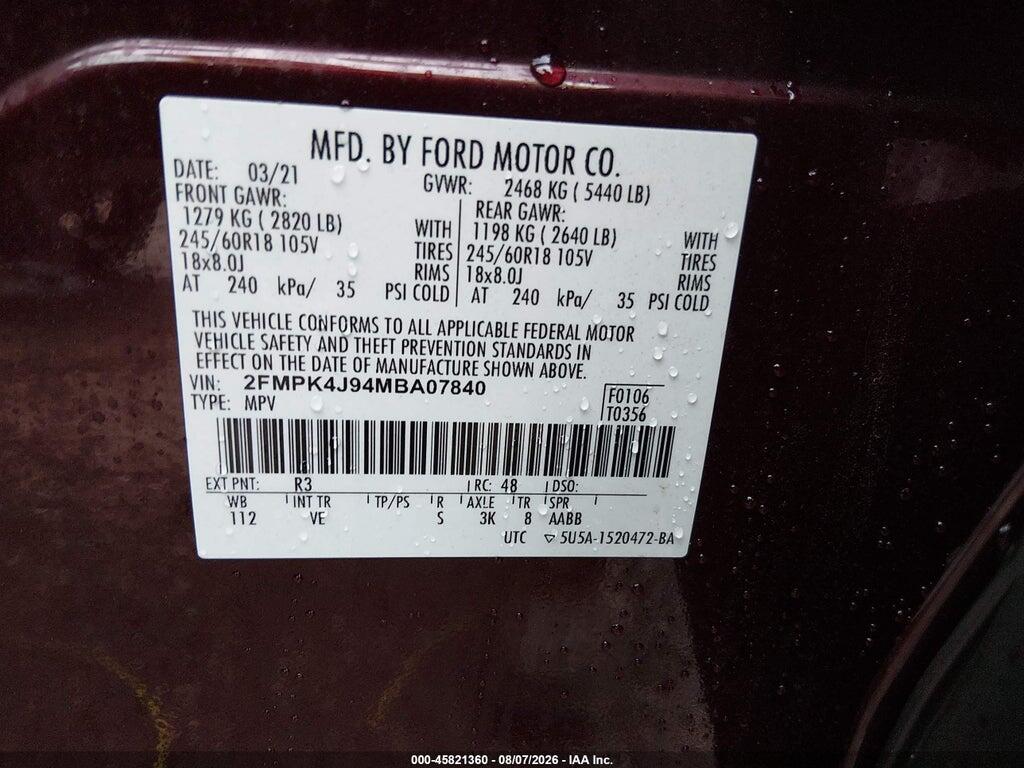 2FMPK4J94MBA07840 2021 FORD EDGE photo no. 9