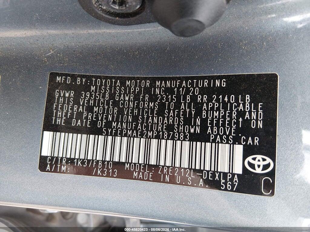 5YFEPMAE2MP187983 2021 TOYOTA COROLLA photo no. 9