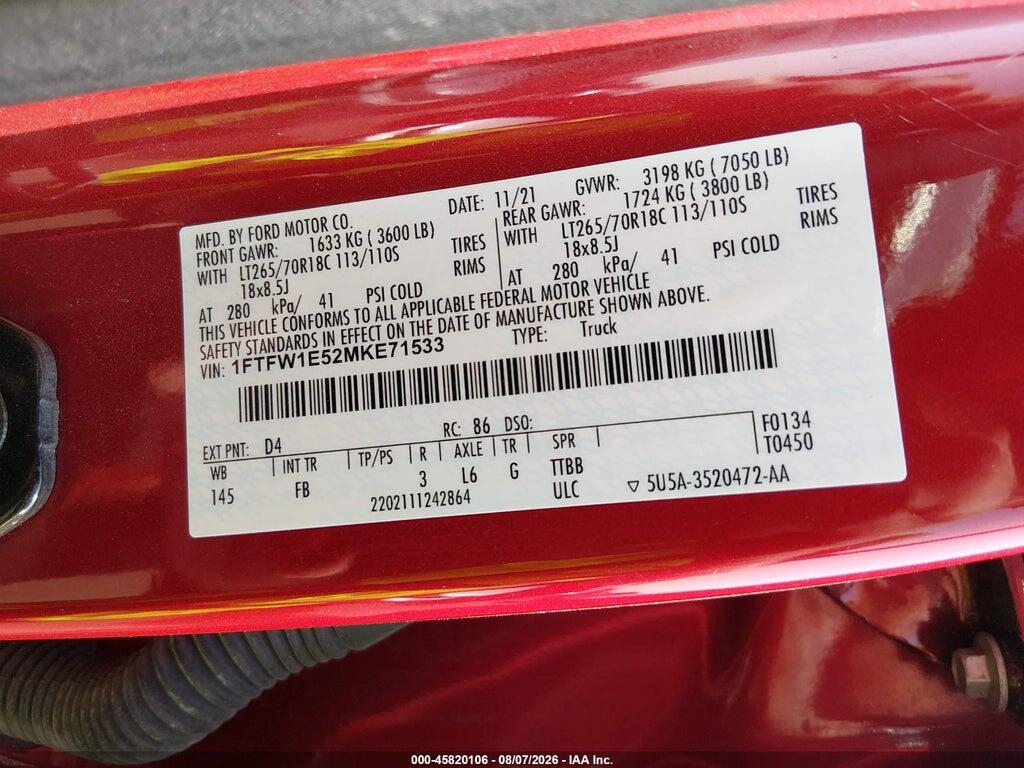 1FTFW1E52MKE71533 2021 FORD F-150 photo no. 9