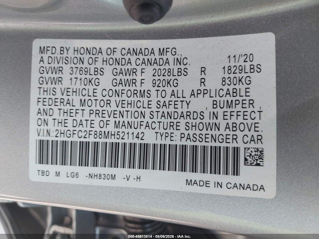 2HGFC2F88MH521142 2021 HONDA CIVIC photo no. 9
