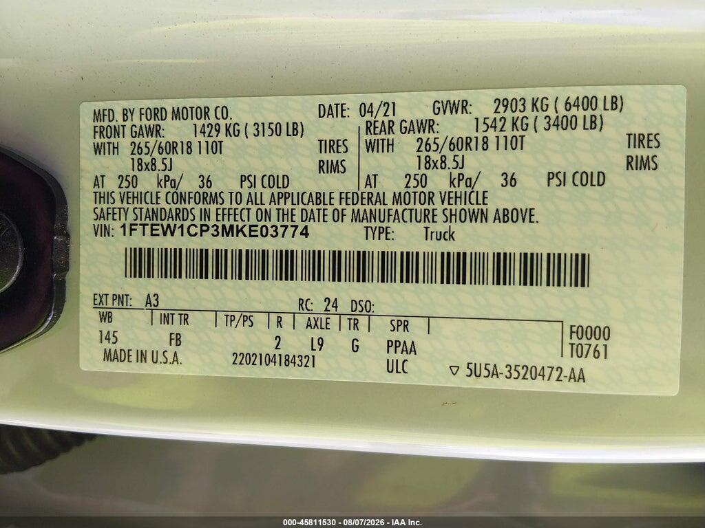 1FTEW1CP3MKE03774 2021 FORD F-150 photo no. 9
