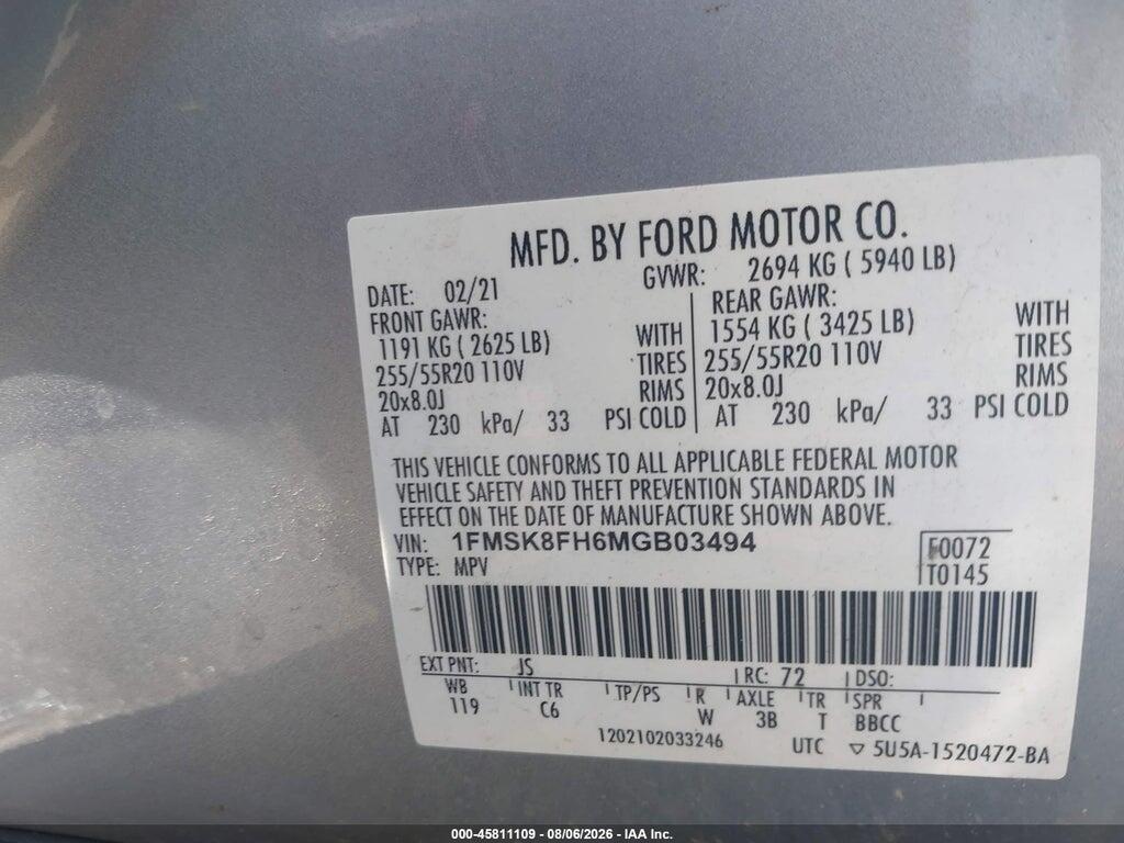 1FMSK8FH6MGB03494 2021 FORD EXPLORER photo no. 9