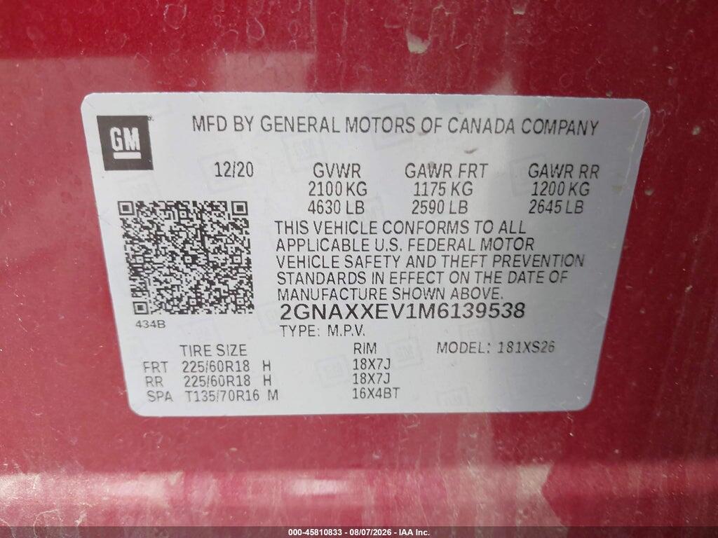 2GNAXXEV1M6139538 2021 CHEVROLET EQUINOX photo no. 9