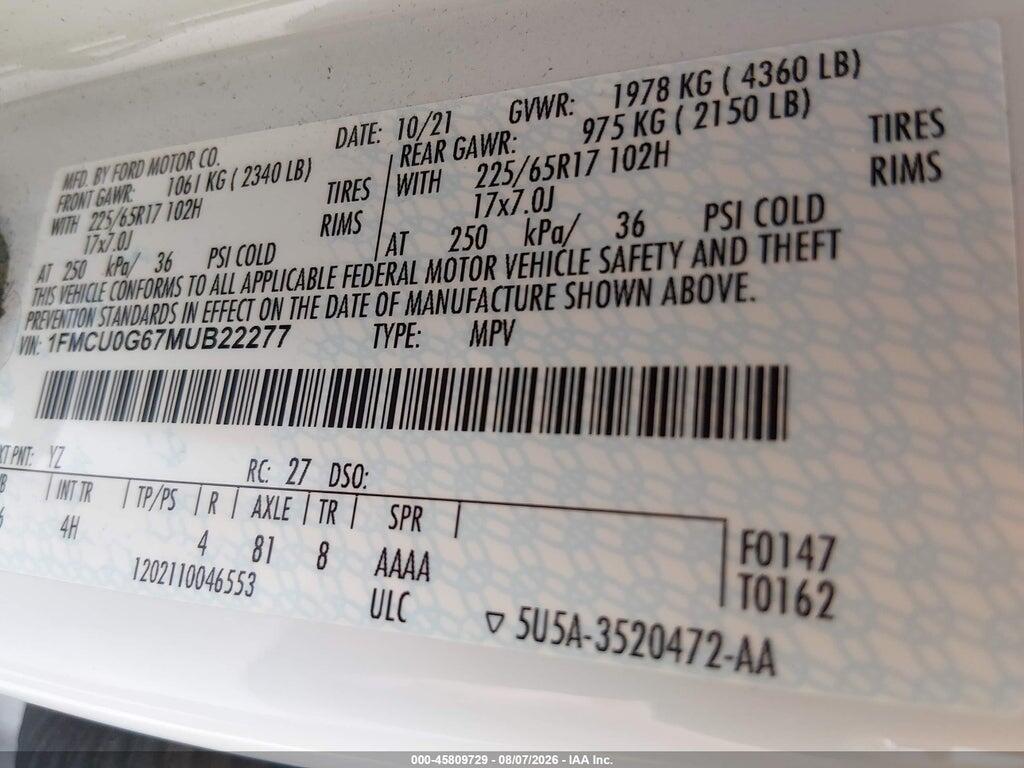 1FMCU0G67MUB22277 2021 FORD ESCAPE photo no. 9