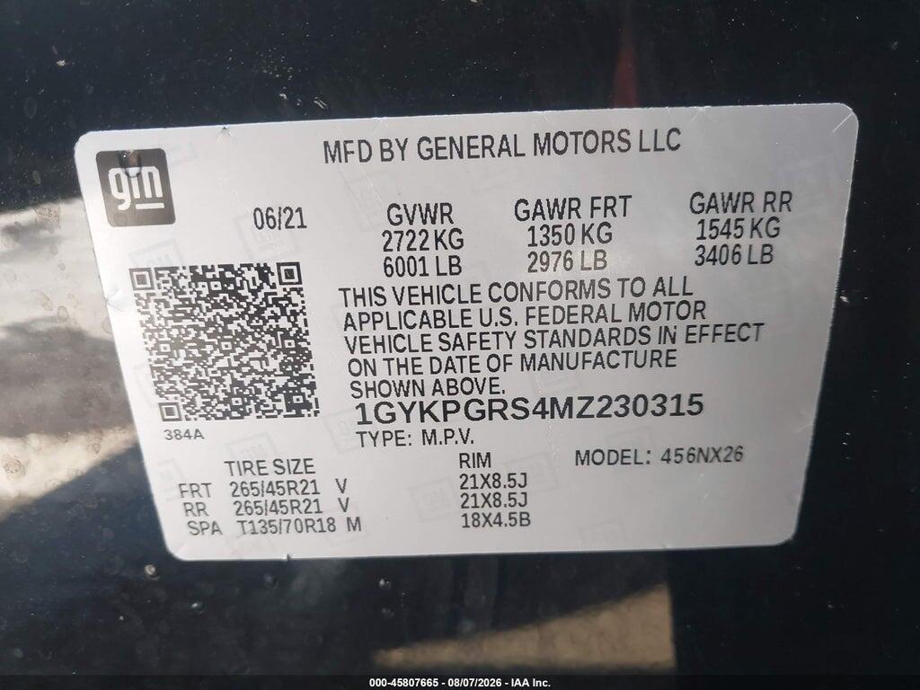 1GYKPGRS4MZ230315 2021 CADILLAC XT6 photo no. 9