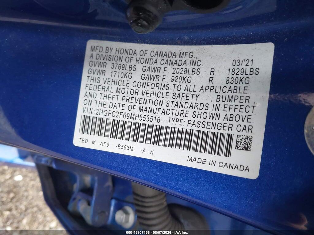 2HGFC2F69MH553516 2021 HONDA CIVIC photo no. 9