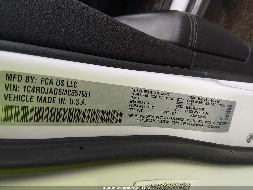 1C4RDJAG6MC557951 2021 DODGE DURANGO photo no. 9
