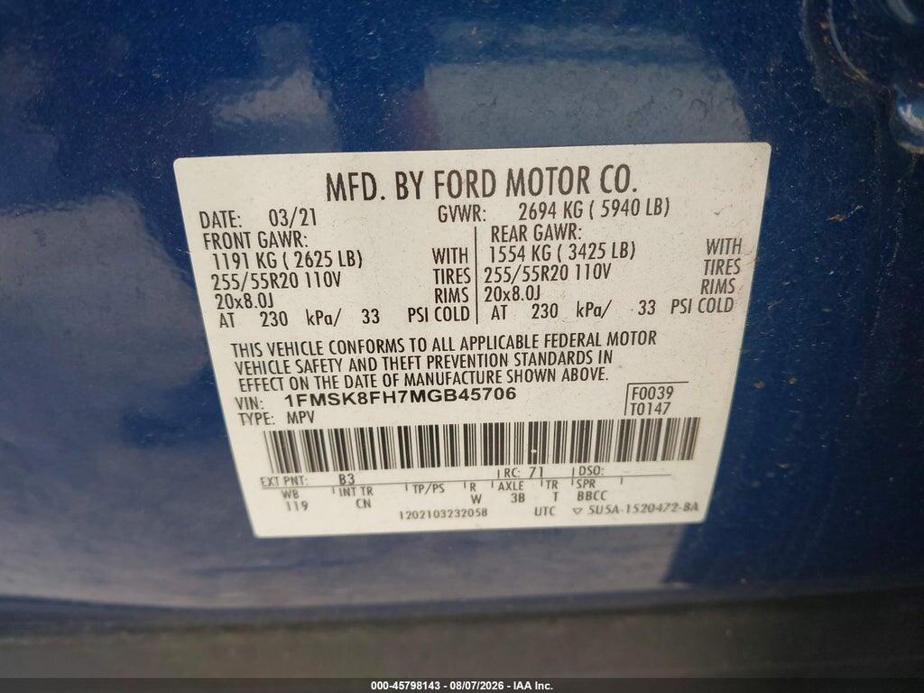 1FMSK8FH7MGB45706 2021 FORD EXPLORER photo no. 9