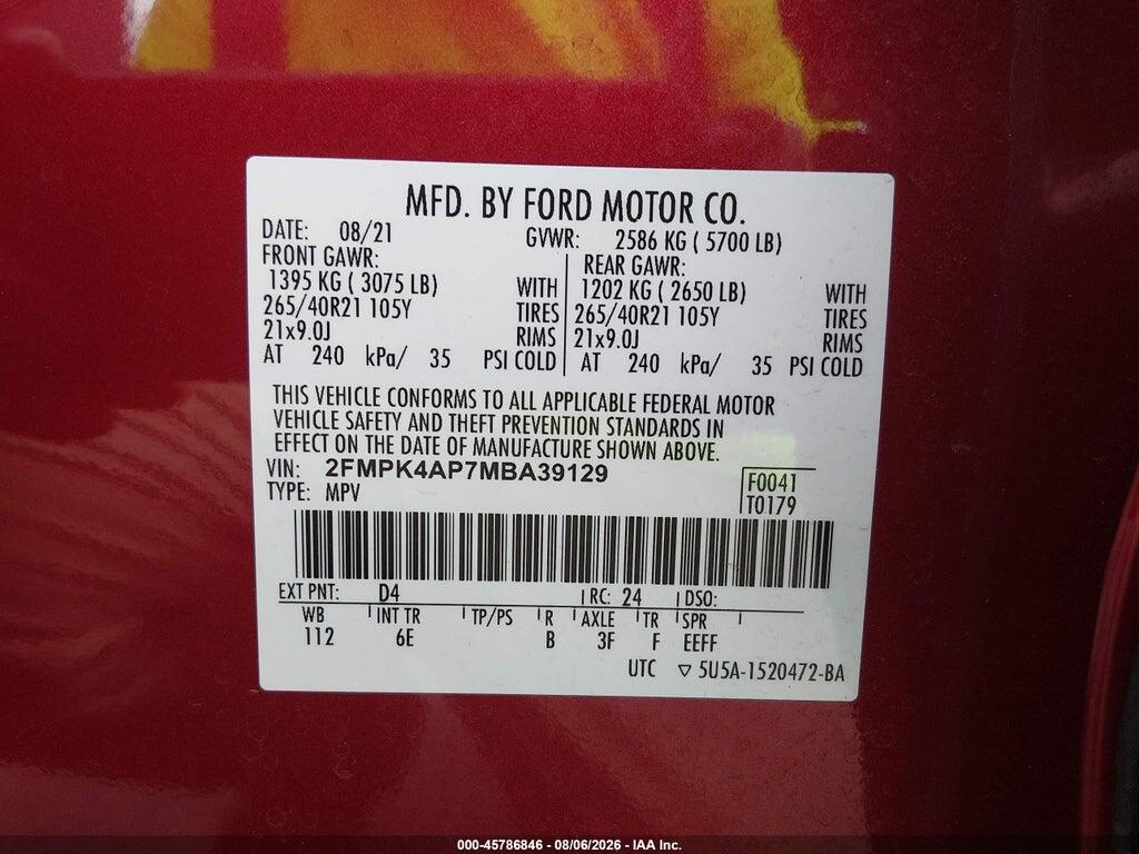 2FMPK4AP7MBA39129 2021 FORD EDGE photo no. 9