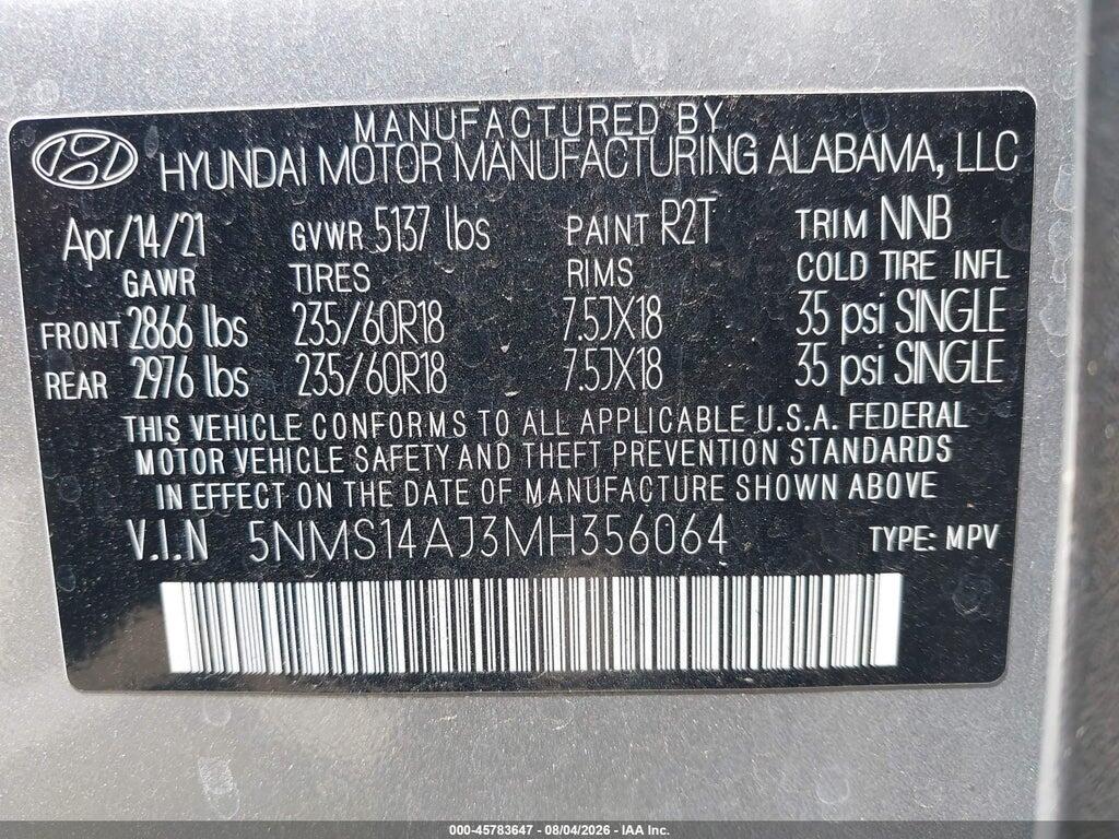 5NMS14AJ3MH356064 2021 HYUNDAI SANTA FE photo no. 9