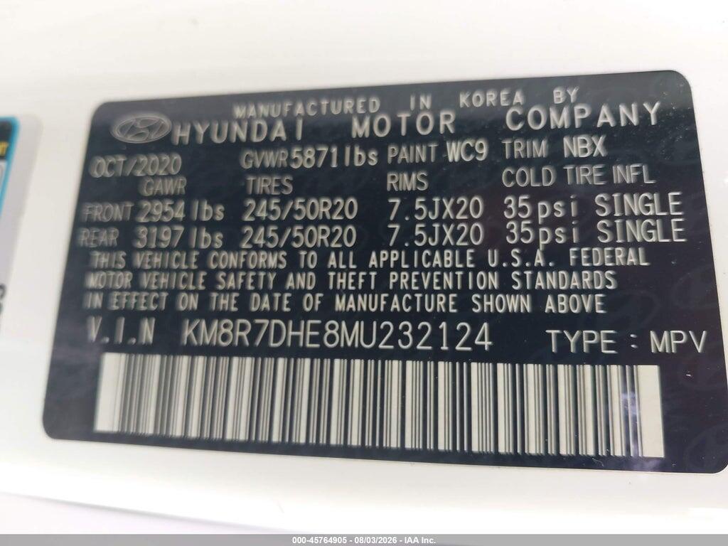 KM8R7DHE8MU232124 2021 HYUNDAI PALISADE photo no. 9