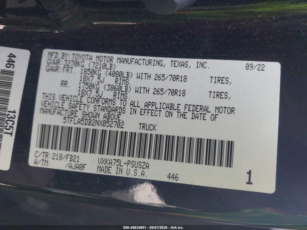 5TFLA5DB2NX052702 2022 TOYOTA TUNDRA photo no. 9