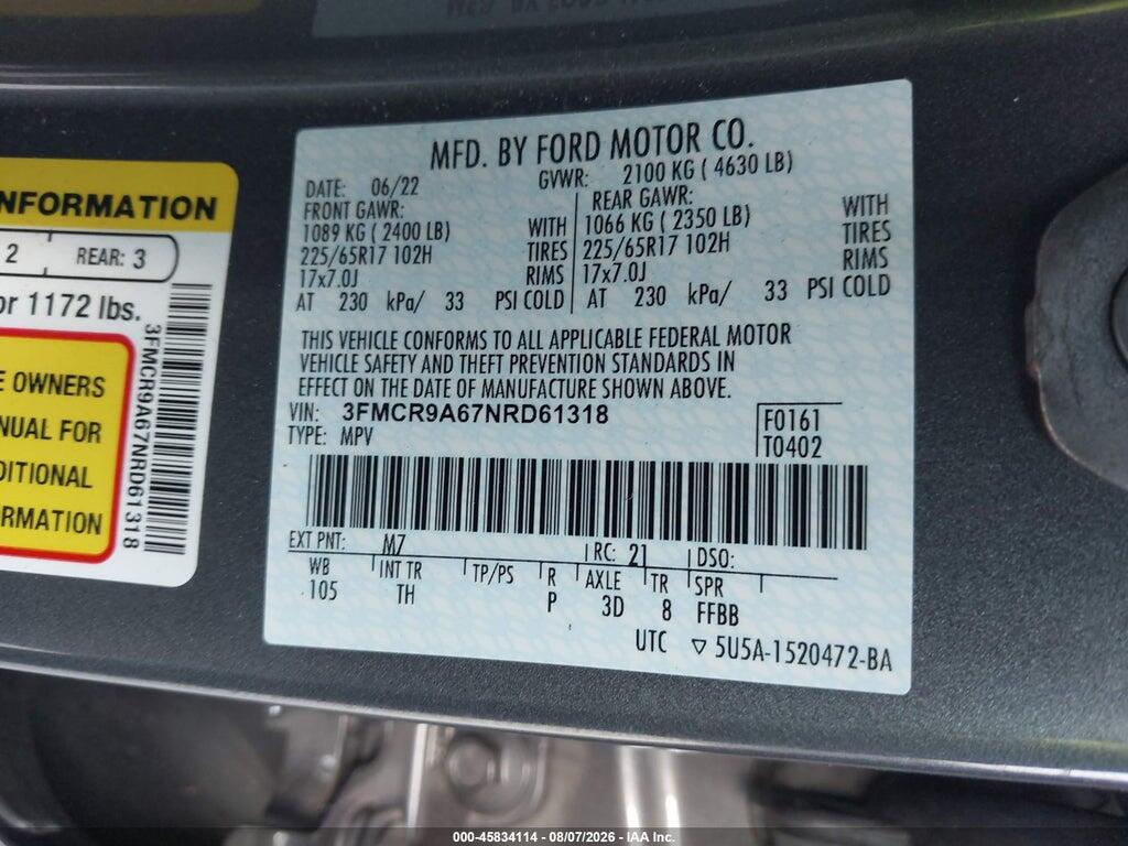 3FMCR9A67NRD61318 2022 FORD BRONCO SPORT photo no. 9