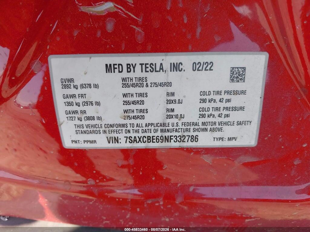 7SAXCBE69NF332786 2022 TESLA MODEL X photo no. 9
