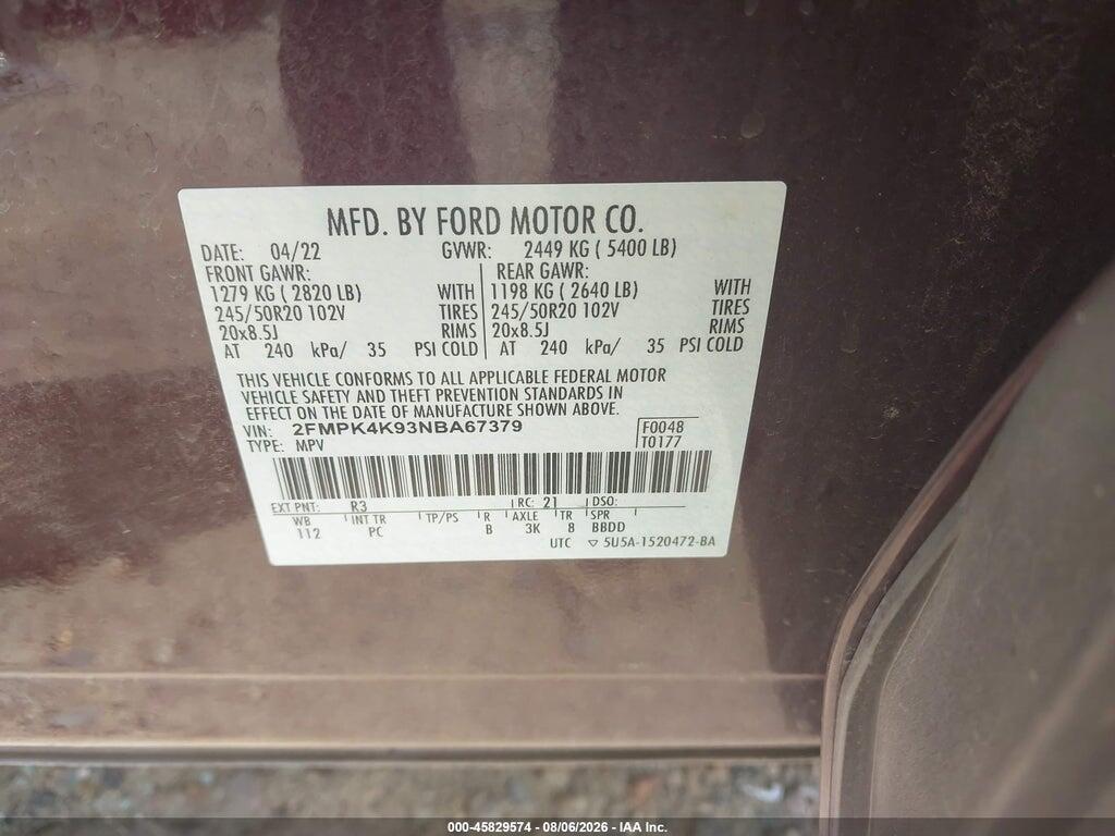 2FMPK4K93NBA67379 2022 FORD EDGE photo no. 9